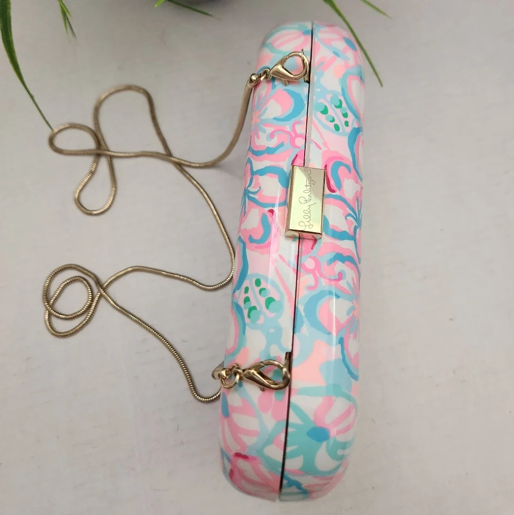 Lilly Pulitzer Hardshell Clutch Floral Pastel Crossbody Bag with Gold Chain